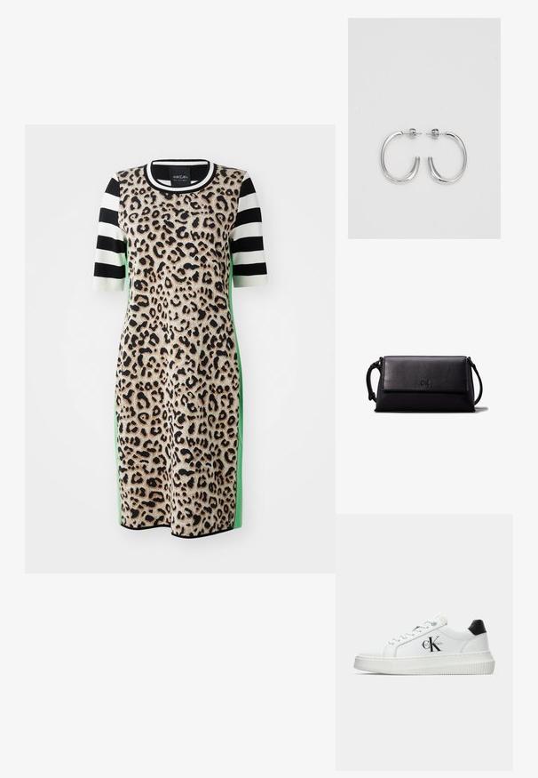 Leopard print dress with short, striped sleeves in black and white, featuring green side accents and a round neckline. Soft, textured fabric.; White low-top sneaker with black heel tab, platform sole, laces, and Calvin Klein "CK" logo on the side.; Black leather clutch bag with a rectangular shape, smooth texture, a flat flap closure, and a small handle on the side. Features subtle logo.; Silver hoop earrings with a smooth, shiny finish. Rounded shape, lightweight design, featuring a post-back closure.