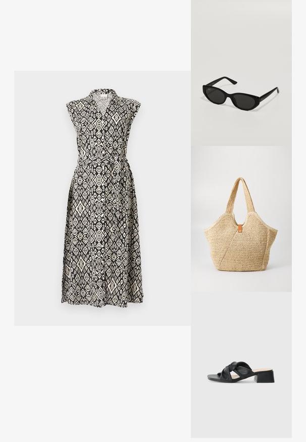 Juoda ir kreminė be rankovių suknelė, turinti apykaklę, diržą ir geometrinius rombų raštus visame audinyje.; Juodų odinių sandalų su sukryžiuotu viršumi dizainu, kvadratine nosimi ir žemu blokiniu kulnu, pasižyminčių lygiu paviršiumi ir minimalistiniu stiliumi.; Juodos saulės akinios, kurie turi siaurą, katės akies formą. Pagaminti iš lygaus plastiko, su tamsiais objektyvais ir subtiliais logotipo akcentais ant šventyklų.; Didelis šiaudinis krepšys su tekstūruota, smėlio spalvos išore ir dviem plačiomis rankenomis. Yra odinė akcento juosta uždarymui.