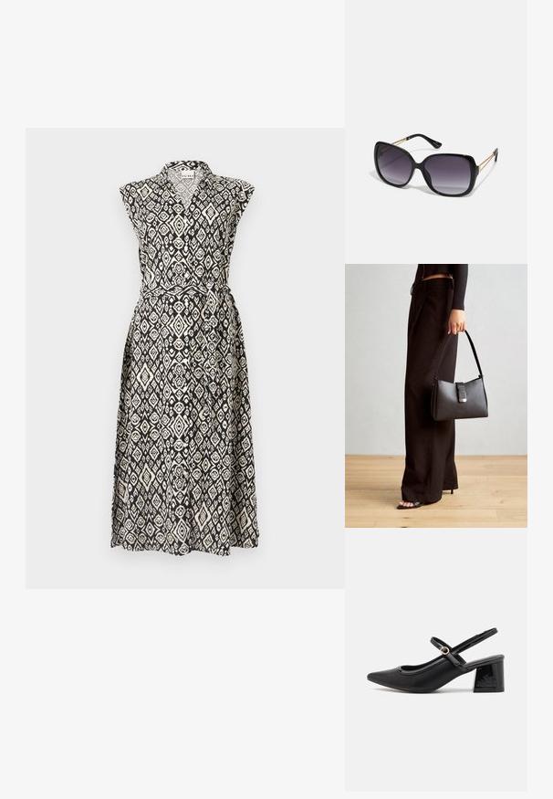 Rochie fără mâneci în nuanțe de negru și crem, cu guler, curea și modele geometrice cu diamante pe toată suprafața materialului.; Cizme cu toc slingback din piele sintetică lacuită neagră, cu vârful ascuțit, un design cu decupaj rotunjit și toc bloc. Include un accent cu cataramă de culoare aurie.; Ochelari de soare negri, supradimensionați, cu lentile degradate, rame groase și detalii cu lanț de ton auriu pe brațele templului.; Genți negre cu o formă structurată, textură netedă și un închizător metalic. Asortată cu pantaloni negri largi și sandale cu vârf deschis pe un podea din lemn.