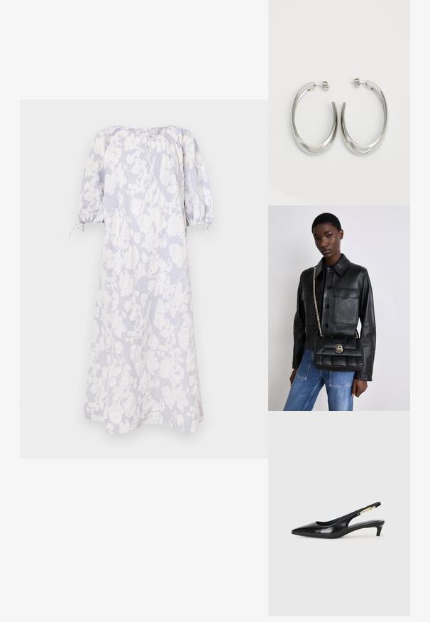 Hele sinine lilleline kleit pehmest kangast, millel on volangiga varrukad, kogutud kaelus ja nöörid.; Mustad nahast slingback kontsad terava ninaga, millel on õhuke konts ja kuldse tooni aktsent reguleeritaval rihmal. Sile tekstuur.; Mustmust nahkjakks, millel on nööbiga sulgemine ja kaks esikot, koos musta tikandiga käekotiga, millel on kuldne klamber ja ahelrihm.; Hõbe rõngas kõrvarõngad, millel on sujuv ja kõver kuju. Omab läikivat metallist viimistlust ja nupuga sulgemist. Pole nähtavaid mustreid ega aksessuaare.