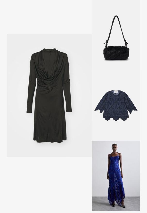 Black long-sleeve dress made of smooth fabric, featuring a draped cowl neckline and a fitted silhouette, finishing above the knees.; Navy blue cotton blouse featuring long sleeves, intricate floral embroidery, scalloped hem, and button accents along the neckline.; Blue and purple animal print maxi dress with thin straps, a fitted bodice, flared hem, and sheer overlay detailing.; Black faux fur handbag with a textured, fluffy body. Features a sleek black strap with knotted accents. Compact cylindrical shape.