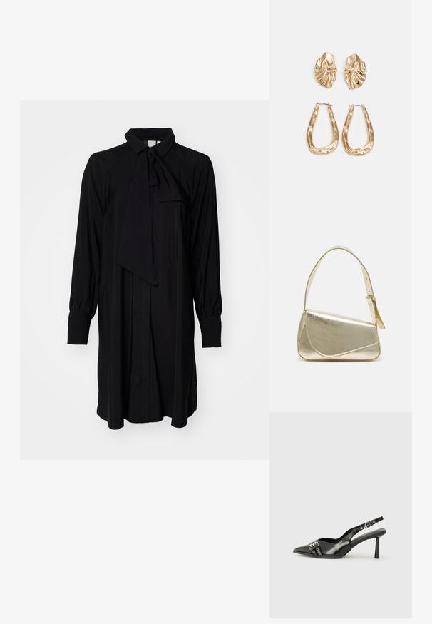 Svart langermet kjole med knytekrage, knappet front og plisserte ermer, laget av lett stoff med en jevn tekstur.; Sorte patentlær slingback-sko med spiss tå, ankelremmer med sølvspenner og detaljer, og en slank hæl.; Gullfarget metallisk håndveske med en strukturert design, glatt tekstur og justerbar stropp. Har en unik trekantet form og minimalistisk søm.; Gullfargede øredobber med teksturerte, bølgete former. Inkluderer skulpturelle klipsstuds og åpen hoop-design med en hamret finish.