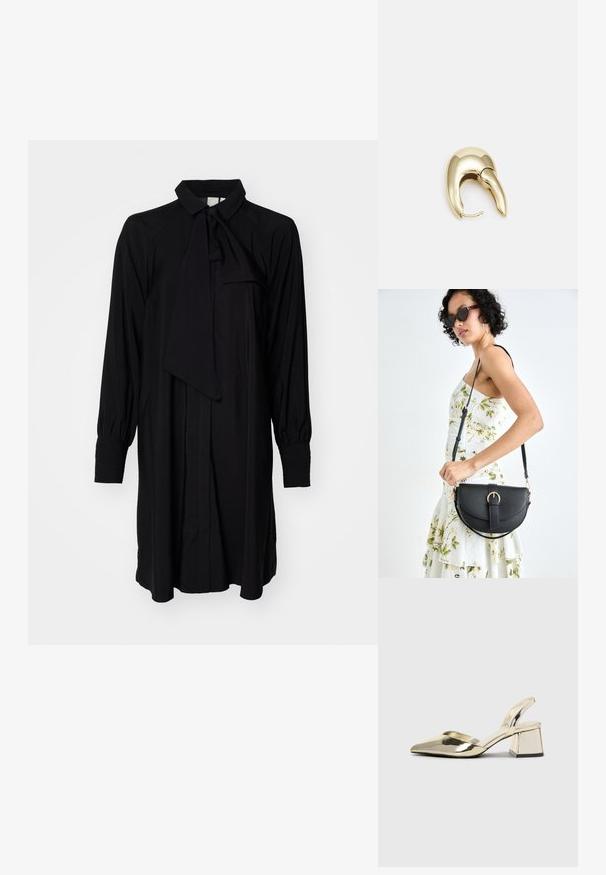 Juoda ilga rankovė su kaklo juostele, mygtukais užsegamas priekinis uždarymas ir raukiniai rankovėse, pagaminta iš lengvos, glotnios medžiagos.; Auksiniai, metaliniai slingback aukštakulniai bateliai su smailiu pirštu ir masyviu kulnu. Lygus paviršius, minimalizmo dizainas ir siaura juostelė.; Juodas odinis krepšys su išlenkta forma, nuimamu dirželiu ir auksiniais detalėmis. Krepšys turi kilpą su sagtimi.; Aukso tono metalinės auskarai su stilingu, kreiviu dizainu. Išsiskiria ryškiu smailiu pavidalu, poliruota paviršiumi ir užsegimu su vyriu.