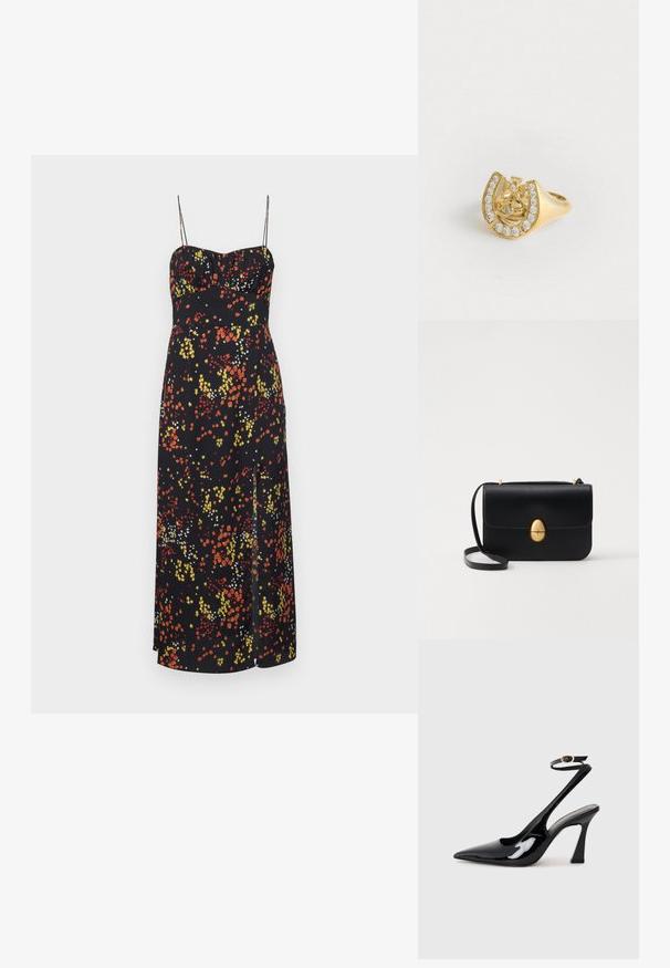 Melna kleita ar plānām spageti siksnām, ar ziedu rakstu sarkanā, dzeltenā un baltā krāsā. Vidēja garuma, ar sānu šķēlumu.; Melnas patentā ādas augstpapēžu kurpes ar norādītu purngalu, regulējamu potītes siksniņu un mērenu bloku papēdi. Gluda tekstūra ar spīdīgu apdari.; Melnas ādas rokassomu ar strukturētu taisnstūra formu. Iespējas zelta ovāla slēdzis un plāns plecu siksna. Gluda tekstūra.; Zelts gredzens ar kronas dizainu iekšā, kas ietver zirgādas formu, dekorēts ar maziem caurspīdīgiem dārgakmeņiem, uz baltas fona.