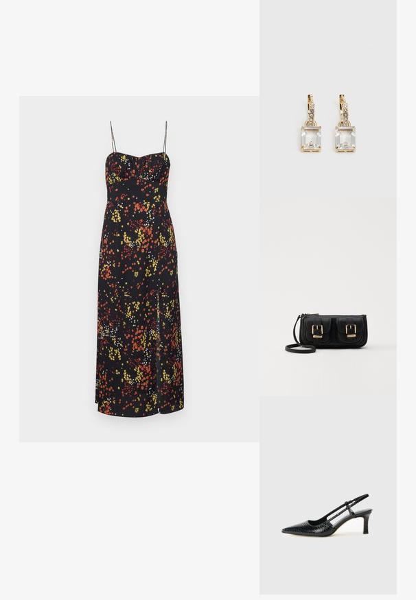 Svart kjole med tynne spaghetti-stropper, med et blomsterdesign i rødt, gult og hvitt. Midtlengde med en sidesplitte detalj.; Sorte patent slingback hæl med spids tå, featuring tekstureret slangeskind, justerbar rem og en kort, tekstureret blokhæl.; Svart skinn crossbody veske med to frontlommer, gyldne spenner, glidelåslukking og en slank stropp. Teksturert overflate og kompakt rektangulær form.; Gullfargede øreringer med en rektangulær, klar krystall som henger under en rad av små, runde klare akenter. Elegante, moderne design.