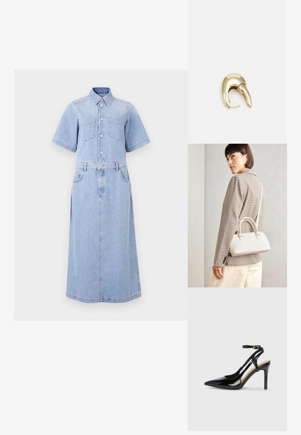 Šviesiai mėlynas džinsinis suknelės marškiniai su trumpomis rankovėmis, dviem krūtinės kišenėmis, mygtukų uždarymu, juosmeniu, suspaustu diržu, ir ilga A formos sijonu.; Juodas patentuotas odinis aukštakulnis batelis su siauru pirštu, reguliuojama kulkšnies juosta ir atvirais šonais. Lygi tekstūra.; Balta struktūruota rankinė su trumpomis rankenomis ir peties diržu, su auksinėmis detalėmis ir tekstūruota medžiaga, pastatyta prieš pilką foną.; Aukso tono metalinės auskarai su stilingu, kreiviu dizainu. Išsiskiria ryškiu smailiu pavidalu, poliruota paviršiumi ir užsegimu su vyriu.