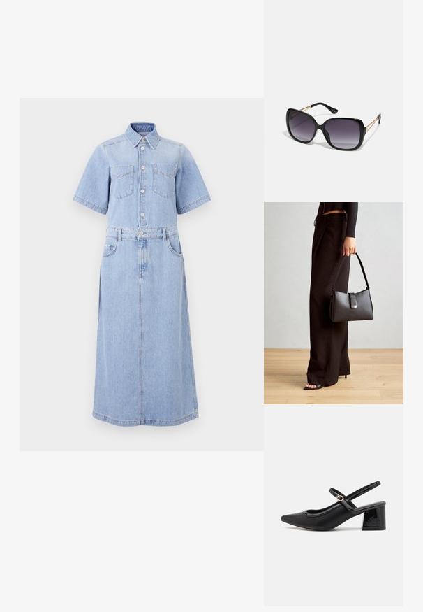 Lyseblå denim skjortekjole med korte ermer, to brystlommer, knapfront, innsnevret midje med belte, og lang A-linje skjørt.; Sorte lakk lær slingback hæler med spiss tå, et avrundet utskjæringsdesign og blokkheel. Har en gulltone spenne som detalj.; Sorte oversized solbriller med gradient linser, tykke rammer og detaljering med gulltonekjede på tempelarmene.; Svart håndveske med strukturert form, jevn tekstur og metallisk lås. Kombinert med brede svarte bukser og sandaler med åpen tå på tregulv.