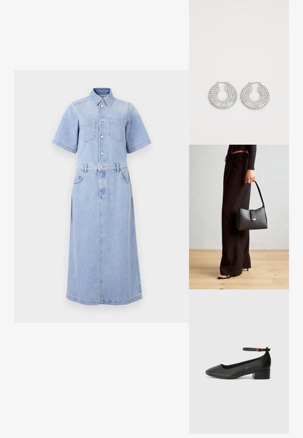 Világoskék farmeringruha rövid ujjal, két mellzsebbel, gombos elejével, övvel szűkített derékkal és hosszú A-vonalú szoknyával.; Fekete bőr magassarkú cipő hegyes orral és alacsony tömb sarkal. Bokapánttal rendelkezik, aranyszínű csattal. Simább textúra.; Fekete kézi táska strukturált formával, sima textúrával és fémből készült záródással. Széles fekete nadrággal és nyitott orrú szandállal párosítva, fából készült padlón.; Ezüst karika fülbevalók, amelyeket több átlátszó kristály díszít, texturált felülettel és nyitott, kör alakú kialakítással.