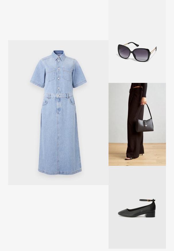 Hellblaues Jeanshemdkleid mit kurzen Ärmeln, zwei Brusttaschen, Knopfleiste, tailliert mit einem Gürtel und einem langen A-Linien-Rock.; Schwarze Lederpumps mit spitzem Zehenbereich und niedrigem Blockabsatz. Mit einem Knöchelriemen und einer goldfarbenen Schnalle. Glatte Textur.; Schwarze übergroße Sonnenbrille mit getönten Gläsern, dicken Rahmen und goldfarbener Kettendetaillierung an den Bügeln.; Schwarze Handtasche mit strukturierter Form, glatter Textur und einem metallischen Verschluss. Kombiniert mit weiten schwarzen Hosen und offenen Sandalen auf einem Holzboden.