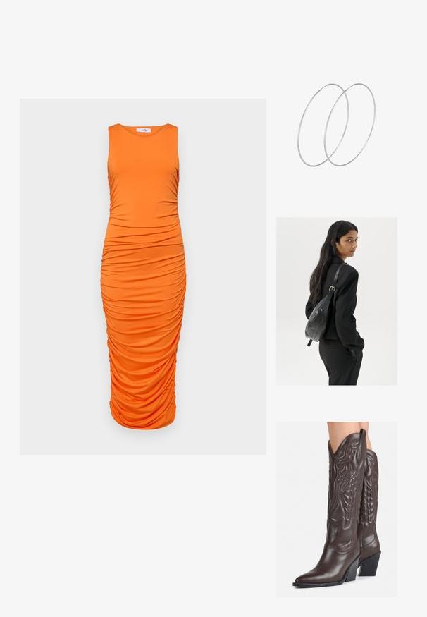 Oranža bezpiedurkņu pieguļoša kleita ar horizontālu pūkumu gar ķermeni, gluda elastīga auduma, ceļa garuma dizains.; Brūni ādas kovboju zābaki ar norādītu purngalu un blokveida papēdi, ar detalizētu šūšanu un paceltiem akcentiem uz kājas daļas.; Sieviete ar garām tumšām matiem, ģērbusies melnā uzvalkā, nēsā melnu ādas plecu somu un skatās pāri plecam uz balta fona.; Sudraba gredzenveida auskari ar minimālistisku dizainu. Cirkulāra forma, gluda tekstūra un plāns profils. Vieglu svaru ar spīdīgu apdari.