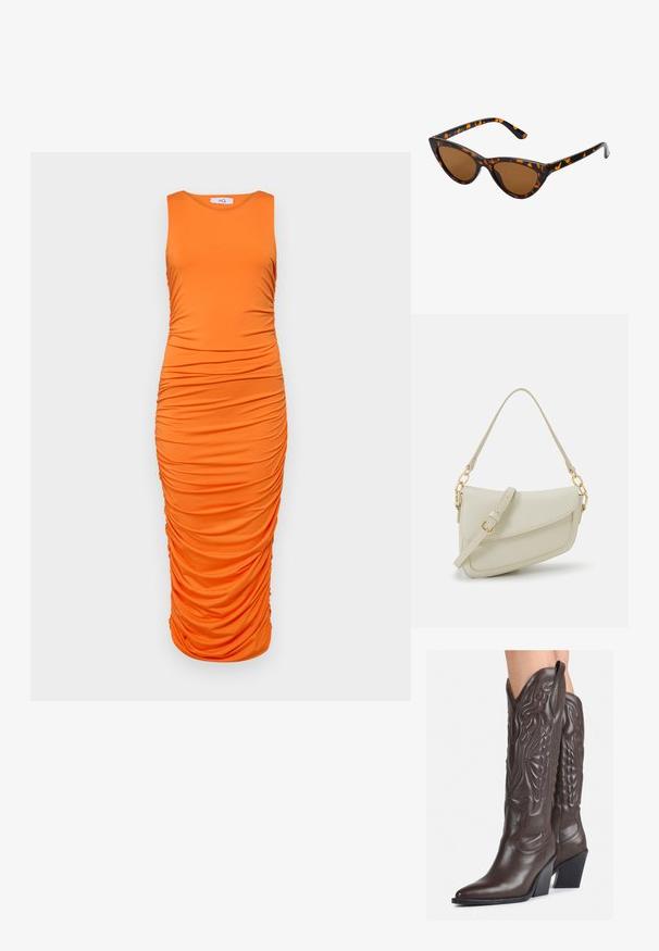 Oranžové bezrukávové priliehavé šaty s horizontálnym nariasením po tele, hladká elastická tkanina, dĺžka po kolená.; Hnedé kožené kovbojské topánky s špicatou špičkou a blokovým podrážkou, so zložitým prešívaním a vyvýšenými akcentmi na puzdre.; Mačacie slnečné okuliare s čiernym a oranžovým želvovinovým rámom, hnedými sklami a elegantnými, špicatými koncami. Obsahujú minimalistické logo na spánku.; Malá krémová kabelka s textúrovaným povrchom, dlhým nastaviteľným popruhom, reťazovým detailom a klopovým uzáverom. Zlaté kovové prvky.