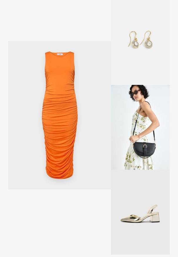 Oranž värviga ilma varrukateta kehakumer vormi kleit, millel on horisontaalne rukšimine üle keha, sujuv veniv kangas, põlvepikkune disain.; Kuldne, metallilised slingback-kudumid terava varba ja paksu kontsaga. Sile tekstuur, minimalistlik disain ja kitsas rihm.; Mustmust mustraha kõverate joontega, eemaldatava rihmaga ja kuldsete detailidega. Kotil on klapp, millel on pandladetail.; Kuldtooni kõrvarõngad ovalikujuliste selgete kristallidega, mille ümber on väiksemad selged kivid, ja kaarvormiga disain, et tagada kindel kandmine.