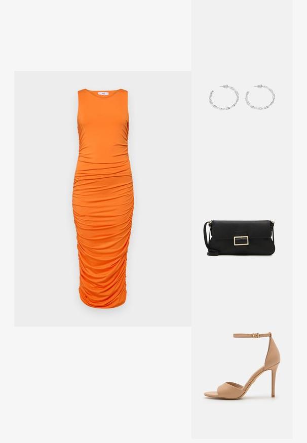 Narančna brezrokavna obleka, ki se prilega telesu, z vodoravno nabiranjem po telesu, iz gladkega raztegljivega materiala, dolžina do kolen.; ALDO CRERIDE PILLOW WALK - Sandali - beige; Črna usnjena torbica na preklop z zlato kovinsko zaponko. Vključuje črn trak in eleganten, minimalističen dizajn.; Srebrni uhani v obliki obročka s spiralnim dizajnom, ki imajo sijajno površino in zapiralo na zadnji strani. Mere znašajo približno 3 cm v premeru.