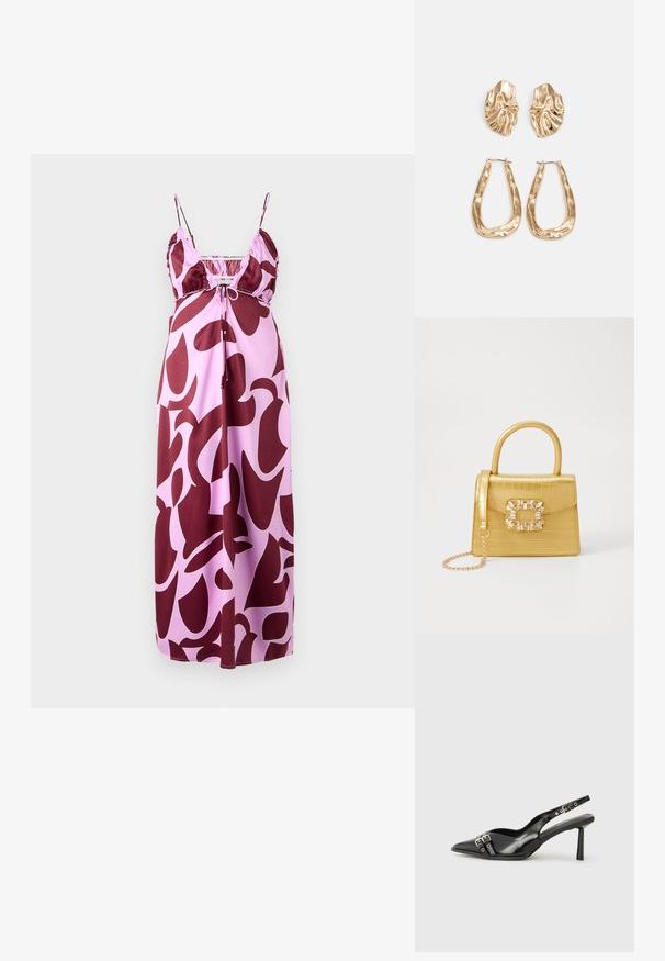 Rochie maxi cu bretele subțiri, cu un fond roz și modele abstracte mari de burgundy, realizată dintr-un material neted, cu o croială lejeră.; Pantofii slingback din piele lăcuită neagră, cu vârf ascuțit, bretele pentru gleznă cu catarame și accesorii din argint, și un toc subțire.; Geantă galbenă din faux-crocodil cu un design structurat, mână superioară, curea detașabilă cu lanț și embellisment decorativ cu cristale pe închidere.; Cercei aurii cu forme texturate și ondulate. Include studs sculpturale cu clip și un design de cerc deschis cu un finisaj cioplit.