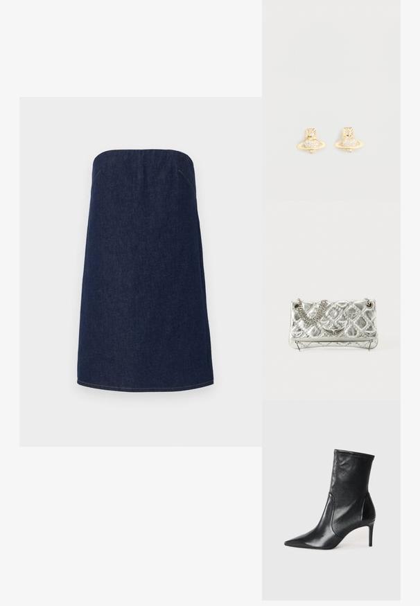 Falda sin tirantes de mezclilla oscura con una silueta recta, que presenta costuras claras a lo largo del dobladillo y las costuras laterales para un detalle adicional.; Botas negras hasta el tobillo hechas de cuero suave, con punta afilada, caña ajustada y tacón alto delgado. Diseño minimalista sin herrajes visibles.; Bolso de mano metálico plateado con asa de cadena, textura acolchada, costura decorativa y cierre de cremallera. Presenta detalles en relieve en la parte frontal.; Pendientes destud de tono dorado con un diseño de Saturno, que presentan una banda texturizada y cristales circulares incrustados para un brillo adicional.