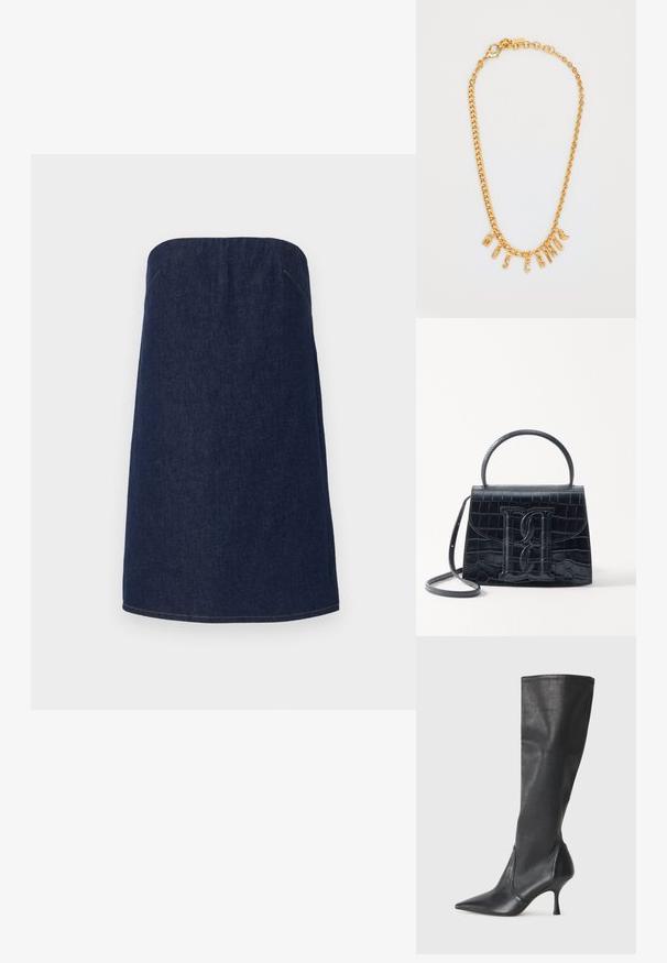 Jupe sans bretelles en denim foncé avec une silhouette droite, présentant des coutures claires le long de l'ourlet et des coutures latérales pour un détail supplémentaire.; Bottes en cuir noir arrivant jusqu'aux genoux avec un bout pointu et un talon aiguille fin. Texture lisse avec un design ajusté et des coutures au bord supérieur.; Sac à main en cuir noir embossé en crocodile avec un design structuré, une poignée supérieure, une bandoulière ajustable et un détail de logo en avant bien visible.; Collier en chaîne dorée avec un pendentif en lettres formant le mot "MOSCATO". Texture lisse avec un fermoir en homard et des maillons de tailles variées.