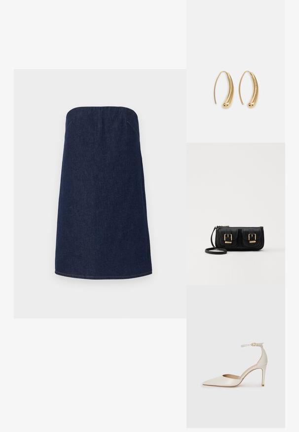 Jupe sans bretelles en denim foncé avec une silhouette droite, présentant des coutures claires le long de l'ourlet et des coutures latérales pour un détail supplémentaire.; Chaussure à talon haut en cuir blanc avec un bout pointu, une bride de cheville et un talon aiguille fin. Texture lisse avec une finition légèrement brillante.; Sac en cuir noir porté en travers avec deux poches avant, boucles dorées, fermeture zippée et une sangle fine. Surface texturée et forme rectangulaire compacte.; Boucles d'oreilles en métal doré en forme d'anneau, avec une forme courbée et allongée. Elles présentent une surface lisse et brillante avec une pointe arrondie pour un détail supplémentaire.