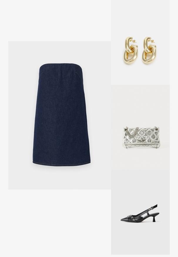 Jupe sans bretelles en denim foncé avec une silhouette droite, présentant des coutures claires le long de l'ourlet et des coutures latérales pour un détail supplémentaire.; Chaussure slingback en cuir noir avec un bout pointu, des sangles décoratives avec œillets en métal et un petit talon carré. Surface texturée.; Sac à main en métal argenté avec une poignée en chaîne, texture matelassée, couture décorative et fermeture éclair. Présente des accents embossés sur le devant.; Rabanne XL LINK DOUBLE HOOP EARRINGS - Boucles d'oreilles - gold-coloured