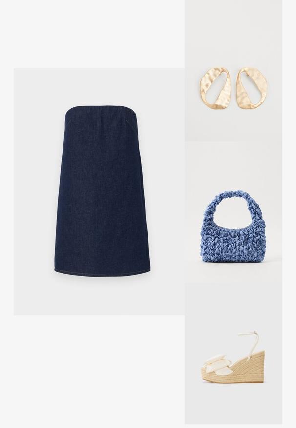 Tumedat denimpüksid, millel on sirge siluett ja ilma õlaku- ning rihmateta disain, sisaldavad kerget tikandit siga servade ja külgseinte juures, et lisada detailide mitmekesisust.; Kaldte meeste jalatsid looduslikult jute platvormiga, kreemi värvi kangast ülaserv ja kaks kihilist lillemotivi; sisaldab õhukest pahkluu rihma kinnitusega.; Sinine kangast käekott, millel on volditud tekstuur ja paks, laineline sang. Omab kergeid triibumustreid kogu ulatuses. Kompaktne ristkülikukujuline kuju.; Eba paar eba ebaorditud ovaalkujulisi kuldehhe kaal setertu, kerge keersuju  pinnaga valgel taustal.