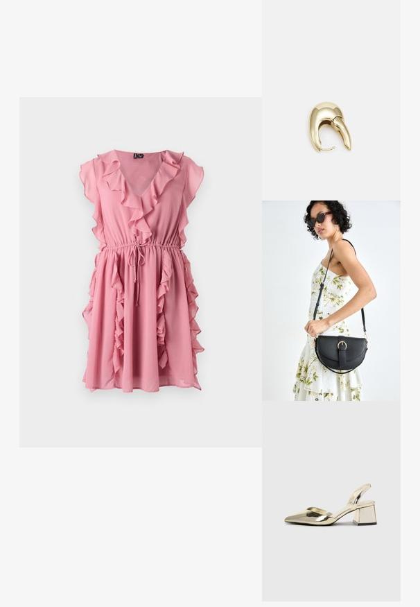 Rosa klänning gjord av lättviktig tyg; har en V-hals, volangkanter, korta ärmar och en elastisk midja med snörning.; Guld, metalliska slingback-klackar med spetsig tå och chunky klack. Slät textur, minimalistisk design och en smal rem.; Svart läderhandväska med en böjd form, avtagbar rem och guldiga detaljer. Väskan har ett lock med en spänndetalj.; Örhänge i guldtonad metall med en elegant, böjd design. Har en distinkt spetsig form, polerad yta och gångjärnslås.