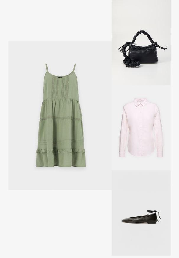 Grønn sommerkjole med spaghetti-stropper, lagdelt design. Har teksturdetaljer langs overkroppen og volangkant nederst.; Lyserød langærmet skjorte med knapkrave, der har en lige nederkant og blød tekstur, lavet af letvægts bomuldsstof.; Svarte lær balletflater med spiss tå, ankelbånd og flat såle, som har en glatt tekstur og minimalistisk design.; Svart faux skinn-håndveske med krokodilletekstur, strammet topp og en rynket stropp. Ser myk og kompakt ut i designen.