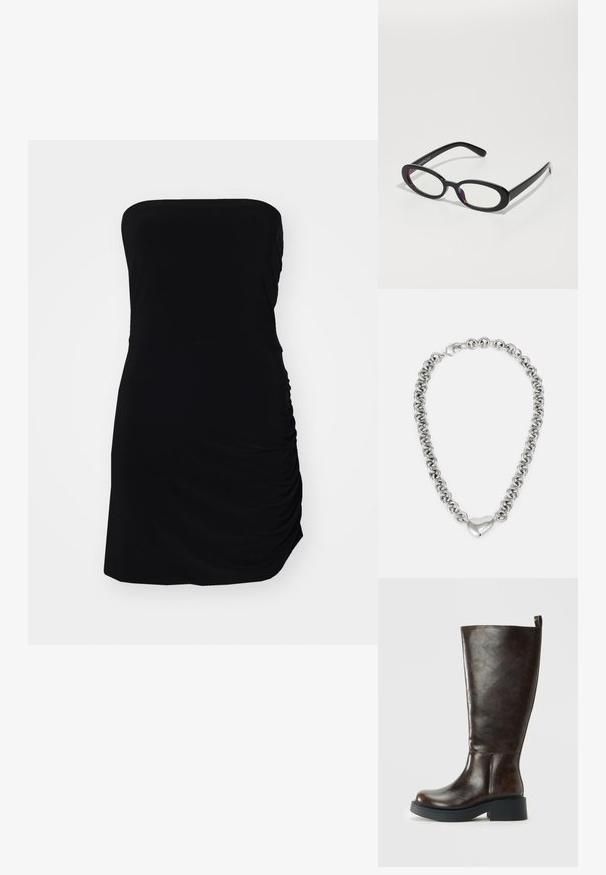 Juodas bepetis suknelė iš lengvos medžiagos; šone su susiraukšlėtu tekstūru; prigludęs dizainas.; Tamsiai rudas odinis iki kelių batas su apvaliu pirštu, storu juodu padu, žemu blokiniu kulnu ir kilpą viršuje ant nugarinės dalies.; Ovalios juodos akinių rėmeliai su skaidriais lęšiais, pasižymintys sklandžiu paviršiumi ir plačiais šventyklėlėmis. Lęšiai turi subtilią violetinę atspalvį. Logotipas šone.; Sidabrinė grandinėlė su sujungtais apvaliais žiedais ir poliruotu širdies formos akcentu centre. Įtraukta saugi užsegimo sistema.