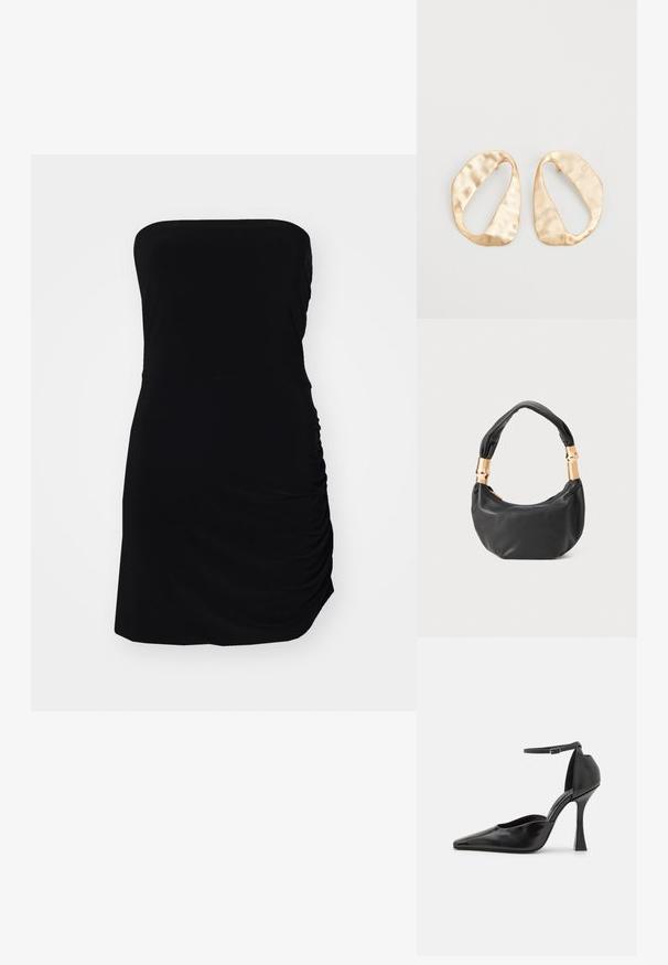 Fekete, pánt nélküli ruha könnyű anyagból; oldalán ráncolt textúrával; testhezálló kivitel.; Fekete magassarkú pump, fényes felülettel, hegyes orral, bokapánttal és formázott stiletto sarkal. Simább textúrájú és modern dizájnú.; Fekete bőr kézitáska kerek formával, puha textúrával és csomózott fogantyúval, aranyszínű fém díszítéssel. Cipzáras záródás.; Egy pár szabálytalan, ovális formájú, aranyszínű fém fülbevaló, enyhén kalapált felülettel, fehér háttéren.