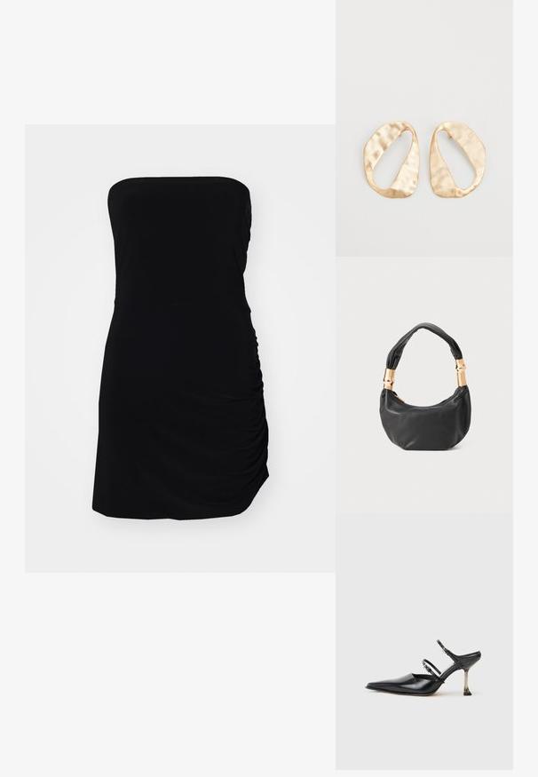 Vestido preto sem alças em tecido leve; apresenta textura franzida de um lado; design ajustado ao corpo.; Sapatilha slingback preta de couro com bico fino, duas alças ajustáveis e um salto metálico. Textura suave e design minimalista.; Mala de mão em couro preto com forma redonda, textura suave e alça com nó, apresentando detalhes em metal dourado. Fecho em zíper.; Par de brincos irregulares em forma oval, feitos de metal dourado, com uma superfície texturizada e ligeiramente martelada, sobre um fundo branco.