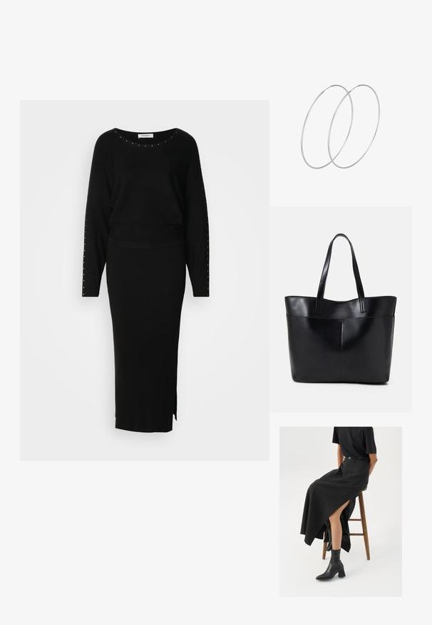 Mustast kootud kahest osast koosnev komplekt, mis sisaldab pikkade varrukatega peanat, millel on nupuväärised, ning sobivat soonikkoes maksiseelikut küljelõhiku jaotusega.; Must mustriga mustri, kõrge lõhiku ja musta T-särgiga, koos mustade ankle kingadega. Minimalistlik disain, lõtv istuvus.; Must mustaga musta nahast, millel on kaks pikka kanda, sile tekstuur ja struktureeritud kuju. Esipoolsel on lisakoti jaoks tasku.; Hõbedased rõngastikkaehingad minimalistlikus disainis. Ümar kuju, sile tekstuur ja õhuke profiil. Kerged ning poleeritud viimistlusega.