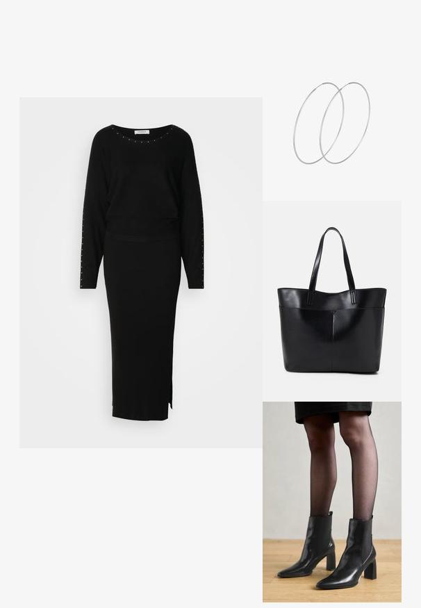 Completo in maglia nera composto da un top a maniche lunghe con decorazioni in borchie e una maxi gonna aderente a coste con uno spacco laterale.; Stivaletti neri in pelle con punta affusolata, tacco quadrato imponente e design elegante. Dotati di pannelli laterali elasticizzati per una facile vestibilità.; Borsa a tracolla in pelle nera con due manici lunghi, una texture liscia e una forma strutturata. Presenta una tasca frontale per ulteriore spazio di archiviazione.; Orecchini a cerchio in argento con un design minimalista. Forma circolare, superficie liscia e profilo sottile. Leggeri con una finitura lucida.