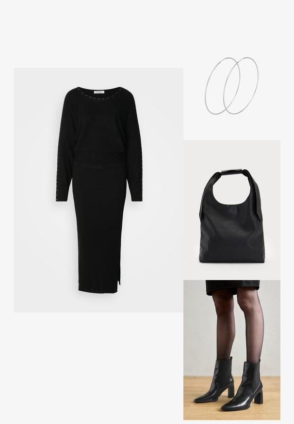 Černý pletený dvoudílný outfit skládající se z topu s dlouhým rukávem a ozdobnými hroty a úzké, žebrované maxi sukně s bočním rozparkem.; Černé kožené kotníkové boty s špičatou špičkou, robustním čtvercovým podpatkem a elegantním designem. Obsahují elastické boční panely pro snadné obouvání.; Černá kůže hobo taška s jedním měkkým, zaobleným uchopem; má hladkou texturu a minimalistický design. Bez viditelného kovového doplňku nebo akcentů.; Stříbrné kruhové náušnice s minimalistickým designem. Kruh, hladký povrch a tenký profil. Lehká konstrukce s lesklým povrchem.