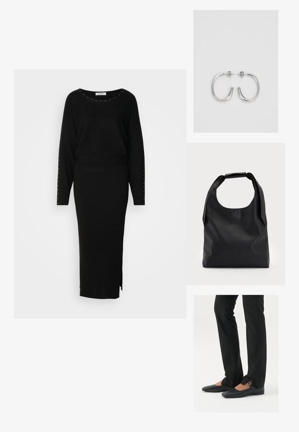 Musta neulekahden osan asu, joka koostuu pitkähihaisesta paidasta, jossa on niittiä koristeluja, ja muotoon ommellusta, ribatusta maksihameesta, jossa on sivuaukko.; Musta nahkakengät balettityylillä, kärjessä terävä muoto, hihna hopeasoljella, yhdistetty mustiin räätälöityihin housuihin, joissa on halkiohelma.; Musta nahkainen hobo-laukku, jossa on yksi pehmeä, pyöreä kahva; ominaisuuksina sileä pinta ja minimalistinen muotoilu. Ei näkyvää metalliosaa tai koristeita.; Hopehopeet hopehopeet hopehopeet hopehopeet, jolla on sileä, kiiltävä pinta. Pyöreä muoto, kevyt rakenne, jossa on neulakiinnitys.