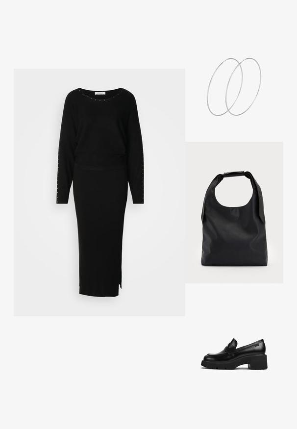 Black knitted two-piece outfit consisting of a long-sleeve top with stud embellishments and a fitted, ribbed maxi skirt with a side slit.; Black leather chunky-heeled loafer with thick sole and a strap detail across the top, shown from the side on a white background.; Black leather handbag with a large open top and a single shoulder strap. Soft texture, minimal design, features subtle hardware accents.; Silver hoop earrings with a minimalist design. Circular shape, smooth texture, and thin profile. Lightweight with a polished finish.