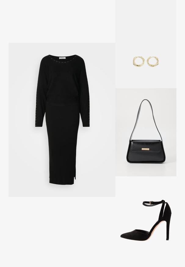 Zwart gebreid twee-delig outfit bestaande uit een langetermijn top met studs en een strakke, geribbelde maxi rok met een zijsplit.; Zwarte suède hoge hakken met een puntige neus, enkelbandje en een stilettohak. Het ontwerp heeft een gladde textuur met minimale details.; Zwarte leren handtas met een gestructureerde driehoekige vorm, slanke schouderband en hardware in goudkleur met een logo plaatje op de voorflap.; Gouden creolen met een textuur en onregelmatige vorm. Voorzien van een naadloze sluiting en een gepolijste afwerking, wat het moderne ontwerp benadrukt.