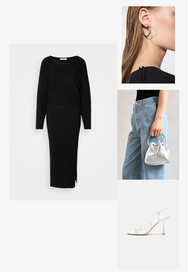 Ensemble en tricot noir en deux pièces composé d'un haut à manches longues avec des embellissements en studs et d'une jupe maxi ajustée à côtes avec une fente sur le côté.; Sandale à talons hauts blanche avec une base de orteil plate, devant texturé avec des accents froncés et une fine bride à la cheville.; Sac en seau argent métallique avec une finition texturée, orné d'une poignée ronde en argent et d'une fermeture à cordon, tenu contre un jean bleu clair.; Boucle d'oreille en argent avec une finition polie, présentant de petits détails en or et de forme ronde, portée sur le lobe.
