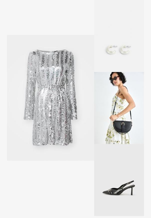 Robe en sequins argentés avec manches longues, corsage structuré et taille à nouer. Présente des motifs de sequins verticaux et horizontaux alternés.; Chaussure slingback en cuir verni noir avec un embout pointu, des brides de cheville avec des boucles en argent et des éléments en métal, et un talon fin.; Sac à main en cuir noir avec une forme courbée, bandoulière amovible et des accessoires en or. Le sac est doté d'un rabat avec un détail de boucle.; Boucles d'oreilles en ton argent, au design en anneau torsadé, présentant une surface texturée et des détails nervurés, sécurisées par une fermeture à tige.
