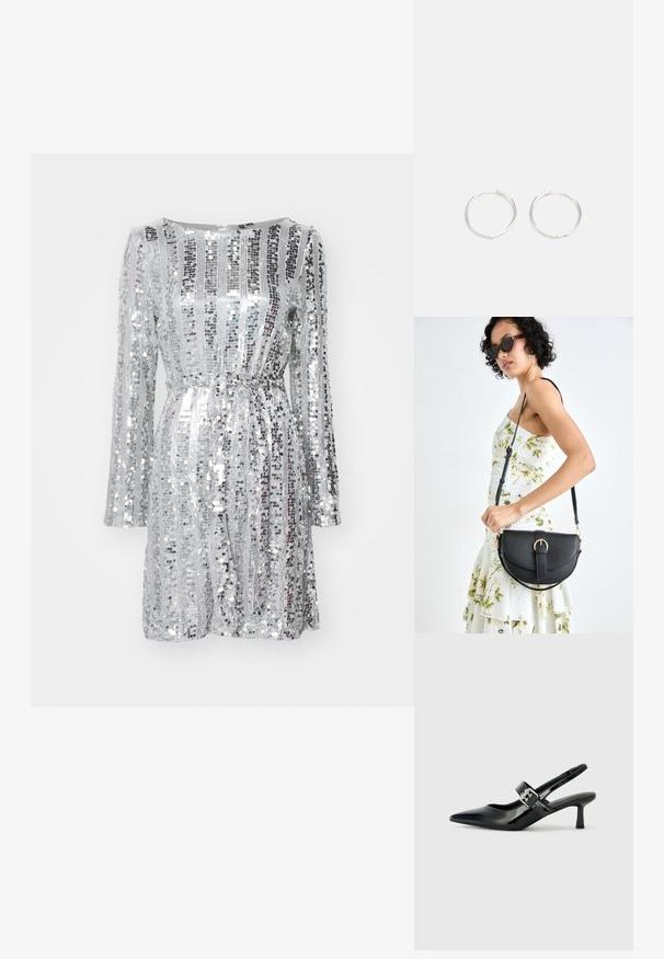 Robe en sequins argentés avec manches longues, corsage structuré et taille à nouer. Présente des motifs de sequins verticaux et horizontaux alternés.; Escarpins slingback en cuir verni noir avec un bout pointu et un petit talon bloc, mettant en avant un accent en boucle argentée sur la sangle.; Sac à main en cuir noir avec une forme courbée, bandoulière amovible et des accessoires en or. Le sac est doté d'un rabat avec un détail de boucle.; Boucles d'oreilles en argent avec un design rond et épuré, présentant une surface lisse et sans embellissements visibles. Diamètre non spécifié.