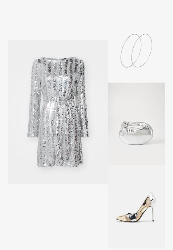 Hõbehelvestega kleit pikkade varrukatega, struktureeritud kehaosa ja seotav vöö. Omab vahelduvaid vertikaalseid ja horisontaalseid helveste mustreid.; Kitsas toe kõrge kontsaga kingad, millel on hõbedane, kuldne ja nude värvilahendus. Läikiv viimistlus lõikekujundusega, stiletto konts.; Hõbedane metallikoti kott pehme, ümar kuju ja sõlme ülemise sulgemisega. Valmistatud siledast kunstnahast materjalist.; Hõbedased rõngastikkaehingad minimalistlikus disainis. Ümar kuju, sile tekstuur ja õhuke profiil. Kerged ning poleeritud viimistlusega.