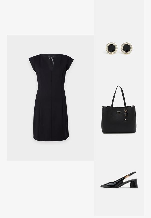 Rochie neagră ajustată, cu mâneci scurte, de tip cap, decolteu în V și cusături verticale pentru a oferi structură. Confectionată dintr-un material fin, prezintă o închidere la spate.; Pantofi slingback din piele lăcuită neagră, cu vârf ascuțit și accesorii de culoare aurie pe curea, având toc bloc. Textură netedă.; Geantă tote neagră din material sintetic texturat, având două mânere, un placaj cu logo auriu și un etichetă mică cu un detaliu de accent.; DKNY INLAY STUD - Cercei - black/gold-coloured