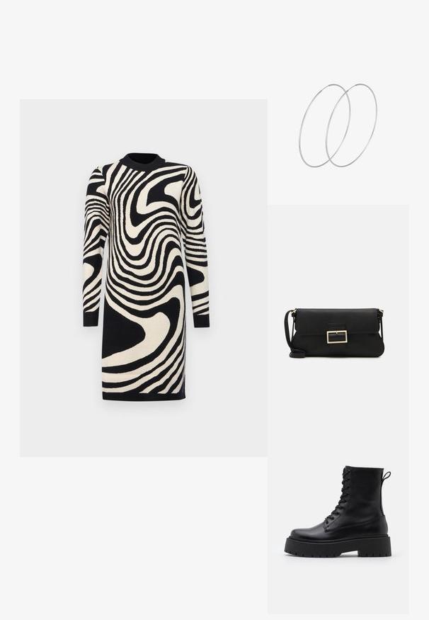 Sort og cremefarvet sweaterkjole med bølgemønster, lange ærmer og ribbet halsudskæring, lavet af strikket stof.; Sorte læder ankelstøvler med rund tå, snørebånd foran og en tyk gummisål med struktureret slidbane. Hæfteløkke bagpå.; Sort læder clutchtaske med klap og detaljer i guldmetallisk spænde. Inkluderer en sort rem og et slankt, minimalistisk design.; Sølvøreringe med et minimalistisk design. Cirkulær form, glat tekstur og tynd profil. Letvægtige med en poleret overflade.