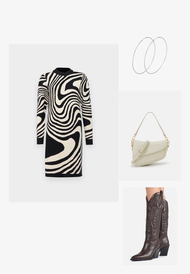 Robe pull noire et crème avec un motif de rayures ondulées, manches longues et col côtelé, confectionnée en tissu tricoté.; Bottes de cowboy en cuir marron avec un bout pointu et un talon bloc, présentant des coutures détaillées et des accents en relief sur la tige.; Petit sac à main crème avec une finition texturée, une longue sangle réglable, un accent en chaîne et une fermeture à rabat. Détails en matériel doré.; Boucles d'oreilles en argent au design minimaliste. Forme circulaire, texture lisse et profil fin. Légères avec une finition polie.