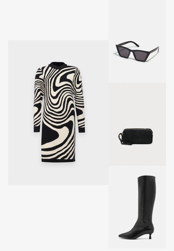 Rochie pulover neagră și crem, cu un model cu dungi ondulate, mâneci lungi și guler ribot, realizată dintr-un material tricotat.; Zign Cizme - black; Ochelari de soare negri, unghiulari, cu lentile gri; fabricați din plastic, având brațe groase cu o suprafață netedă și fără hardware vizibil.; Geantă de mână din suede negru, cu închidere cu fermoar și bretea detașabilă pentru încheietura mâinii. Dispune de accesorii din metal aurit și o textură netedă, mată.