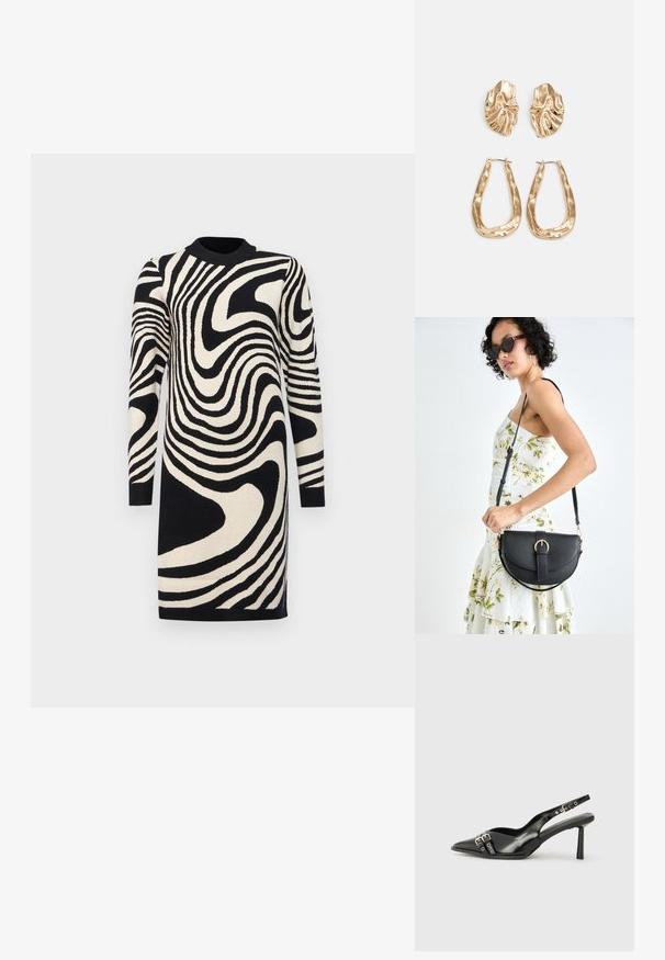 Black and cream sweater dress featuring a wavy striped pattern, long sleeves, and ribbed neckline, made from knitted fabric.; Black patent leather slingback shoe with pointed toe, ankle straps featuring silver buckles and hardware, and a slender heel.; Black leather handbag with a curved shape, detachable strap, and gold hardware. The bag features a flap with a buckle detail.; Gold-tone earrings featuring textured, wavy shapes. Includes sculptural clip-on studs and open hoop design with a hammered finish.