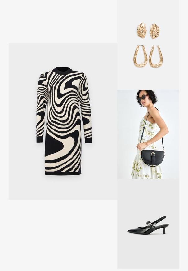 Vestido de suéter preto e creme com um padrão de listras onduladas, mangas longas e decote canelado, feito de tecido tricotado.; Saltos slingback em verniz preto com bico pontiagudo e um pequeno salto bloco, apresentando um detalhe de fivela prateada na tira.; Bolsa de couro preta com forma curva, alça destacável e detalhes em dourado. A bolsa possui uma aba com detalhe de fivela.; Brincos em tom de ouro com formas onduladas e texturizadas. Inclui studs escultóricos com presilha e um design de argola aberta com um acabamento martelado.