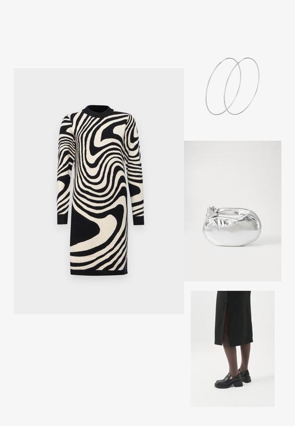 Crna i krem haljina-sveter s valovitim prugastim uzorkom, dugim rukavima i rebrastim izrezom, izrađena od pletene tkanine.; Crne kožne cipele s zaobljenim vrhom, debelim blok petama i elastičnim bočnim detaljima, uparene s tamnim čarapama i crnom suknjom s prorezom.; Srebrna metalik torbica s mekim, zaobljenim oblikom i čvorastim zatvaranjem na vrhu. Izrađena od glatke sintetičke kože.; Srebrne okrugle naušnice s minimalističkim dizajnom. Kružni oblik, glatka tekstura i tanak profil. Lagane s poliranim završetkom.