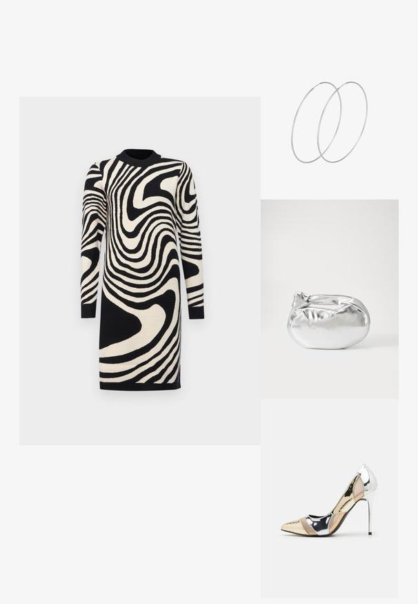 Schwarzes und cremefarbenes Strickkleid mit wellenförmigem Streifenmuster, langen Ärmeln und geripptem Ausschnitt, aus gestricktem Stoff gefertigt.; Spitz zulaufender High-Heel-Schuh in einer Farbgestaltung aus Silber, Gold und Nude. Glänzende Oberfläche mit Ausschnittdesign und stiletto Absatz.; Silberne metallic Pouch-Tasche mit einer sanften, abgerundeten Form und einem geknoteten Verschluss oben. Hergestellt aus glattem Kunstleder.; Silberne Creolen mit minimalistischem Design. Rundform, glatte Oberfläche und dünnes Profil. Leichtgewichtig mit hochglänzender Oberfläche.