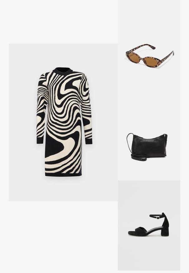 Robe pull noire et crème avec un motif de rayures ondulées, manches longues et col côtelé, confectionnée en tissu tricoté.; Sandales à talons en daim noir avec une fine lanière à la cheville, design à bout ouvert et un talon carré modeste. Texture lisse et accents minimalistes.; Lunettes de soleil en écaille de tortue avec des verres ovales, teintés de marron, branches fines avec un motif texturé, monture en plastique légère.; Sac à épaule en cuir noir avec une texture lisse, une forme courbée, une bandoulière ajustable et une fermeture éclair. Design minimaliste sans embellissements.