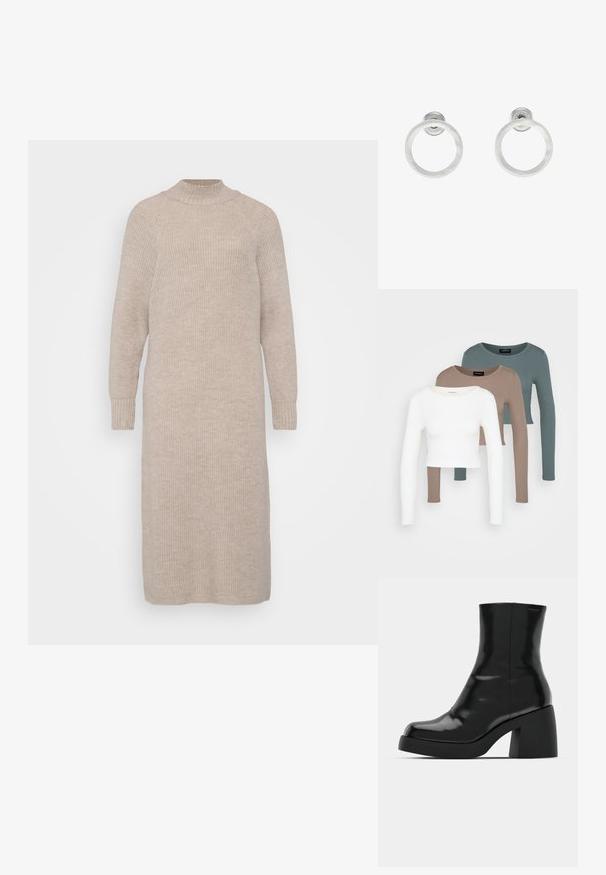 Garšs, bēšs adīts kleita ar augstu kakla izgriezumu, garām raglan piedurknēm un ribota apakšmala. Mīksta tekstūra ar brīvu, taisnu piegriezumu.; Trīs garām piedurknēm apgrieztas blūzes, sakrautas, krāsās balta, bēša un blāvi tumši zila, ar apaļiem kakla izgriezumiem, uz gaiši pelēka fona.; Melnas potītes zābaku ar spīdīgu apdari, kvadrātveida pirkstu un biezu bloku papēdi. Dizainā ir bezšuvju siluets un minimāla zīmola identitāte.; Sudraba metāla gredzenveida auskari ar matētu faktūru, ar apaļu dizainu un caurspīdīgu aizdari, lai nodrošinātu drošu valkāšanu.