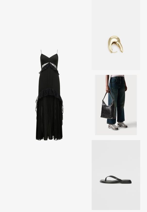 Svart maxikjole med spagettistropper, blonder detaljer, lagdelte volanger i midjen og en plisserte skjørt. Glatt tekstur, elegant silhuett.; Sorte flip-flop laget av glatt lær, med en tynn stroppdesign og en flat såle med et minimalistisk utseende. Ingen bemerkelsesverdige mønstre eller aksenter.; Sort skinnveske med en glatt tekstur og justerbar stropp, kombinert med falmede vide jeans og atletiske sneakers.; Gullfarget metalløredobber med et elegant, buet design. Har en karakteristisk spiss form, polert overflate og hengsel-lukking.
