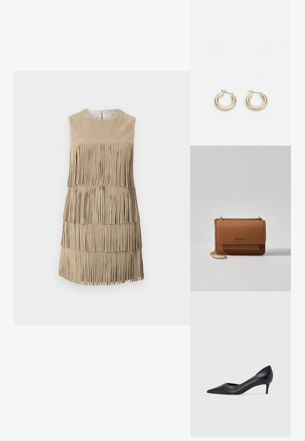 Beež suéed kleit kihilise fringi detailiga. Ümar kaelus ja taga lukuga sulgemine. Sile tekstuur, üle põlve pikkus.; Mustast nahast kontsakinga terava ninaga ja madala kontsaga. Omadused on sile pind ja peen läige. Esiosal on avatud lõige, mis lisab detaili.; Pruun tekstureeritud nahk ristkeha kott kuldse ahelaga rihmaga ja klapiga sulgemine. Esiküljel on logo detail ja tasku klapi all.; Lauren Ralph Lauren BASIC SMALL HOOP - Kõrvarõngad - gold-coloured